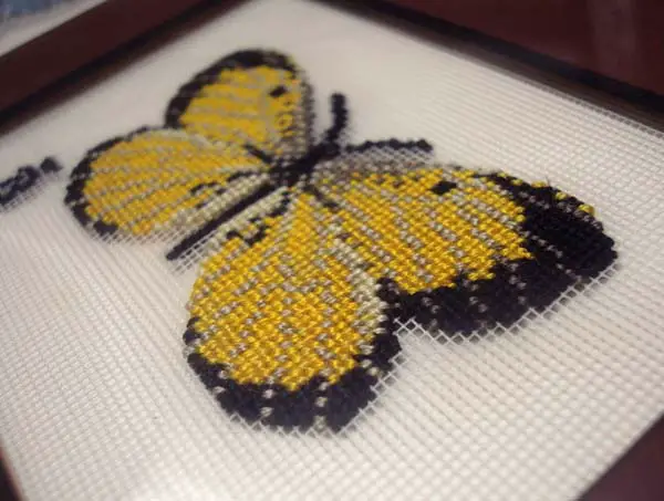 Basic butterfly pattern, stitched on Kreinik silk gauze.