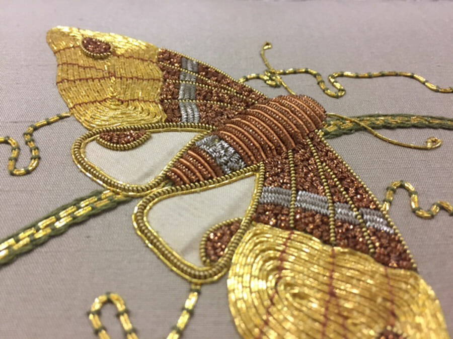 Learning how to stitch this butterfly may induce metal mania. It is one of the courses taught at the San Francisco School of Needlework And Design. Real metals have been used throughout history, so this would be a great class to learn from the past and apply to future projects.