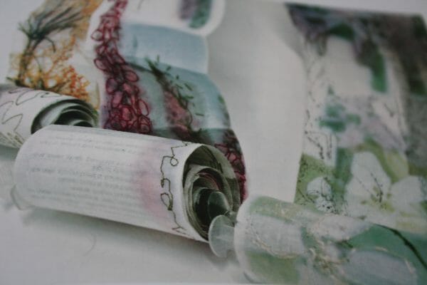 'Scripts' which have been wrapped around syringes are detailed beautifully .  One of Cas Holmes' own pieces.
