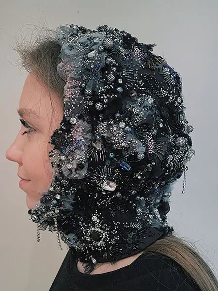 Beaded headpiece, "Decay," by Olga Ochkas, first-place winner, Open Fashion category, Hand & Lock Prize for Embroidery