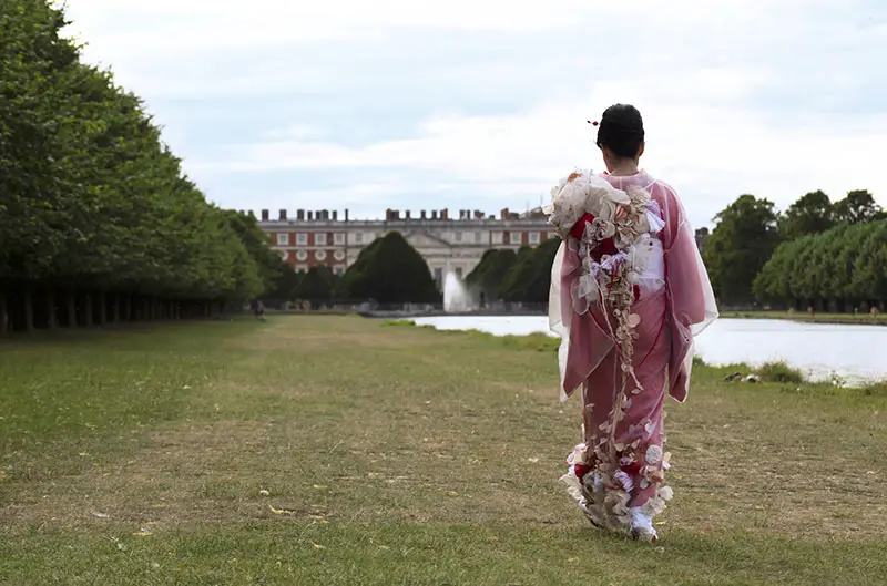 Hisae Abe in her award-winning embroidered kimono at Hampton Court Palace