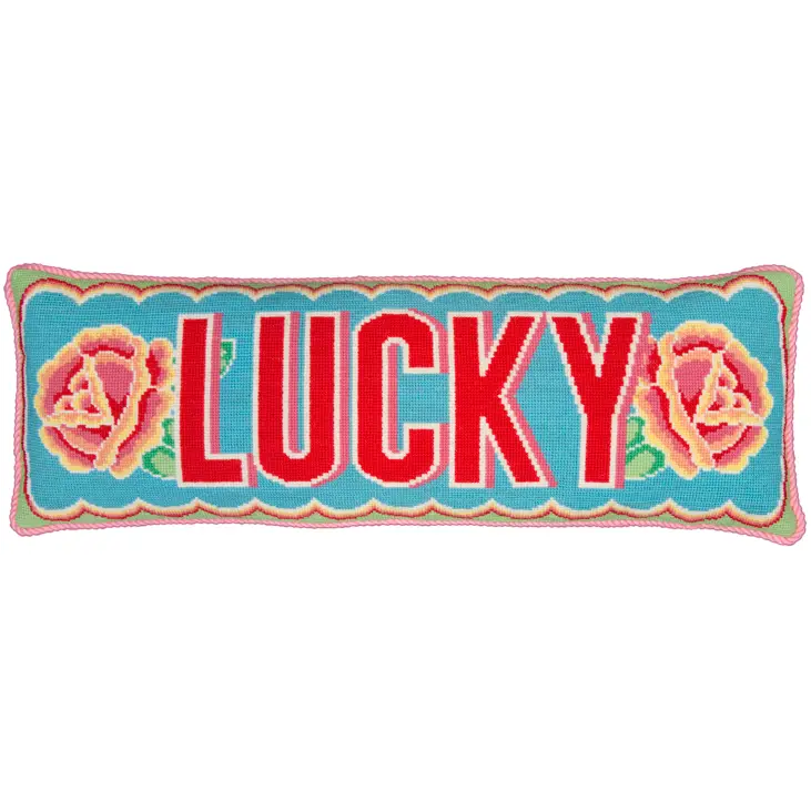 Needlepoint and cross stitch kit with the word Lucky designed on it with a rose patter either side. Designed by Emily Peacock