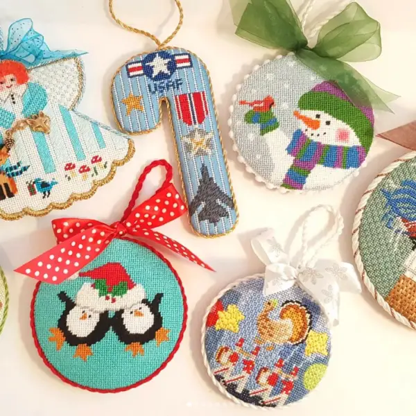 Selection of holiday ornaments - needlepoint finishing by Un Chiffon Fon Fon
