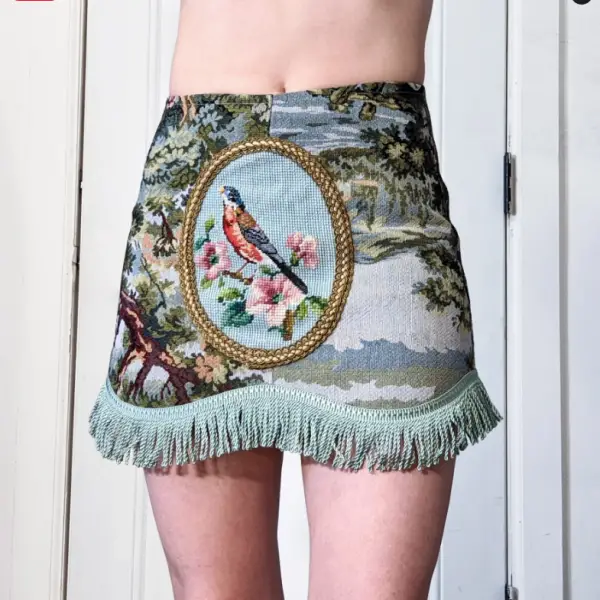 Needlepoint bird tapestry mini skirt by Kristen Mallison