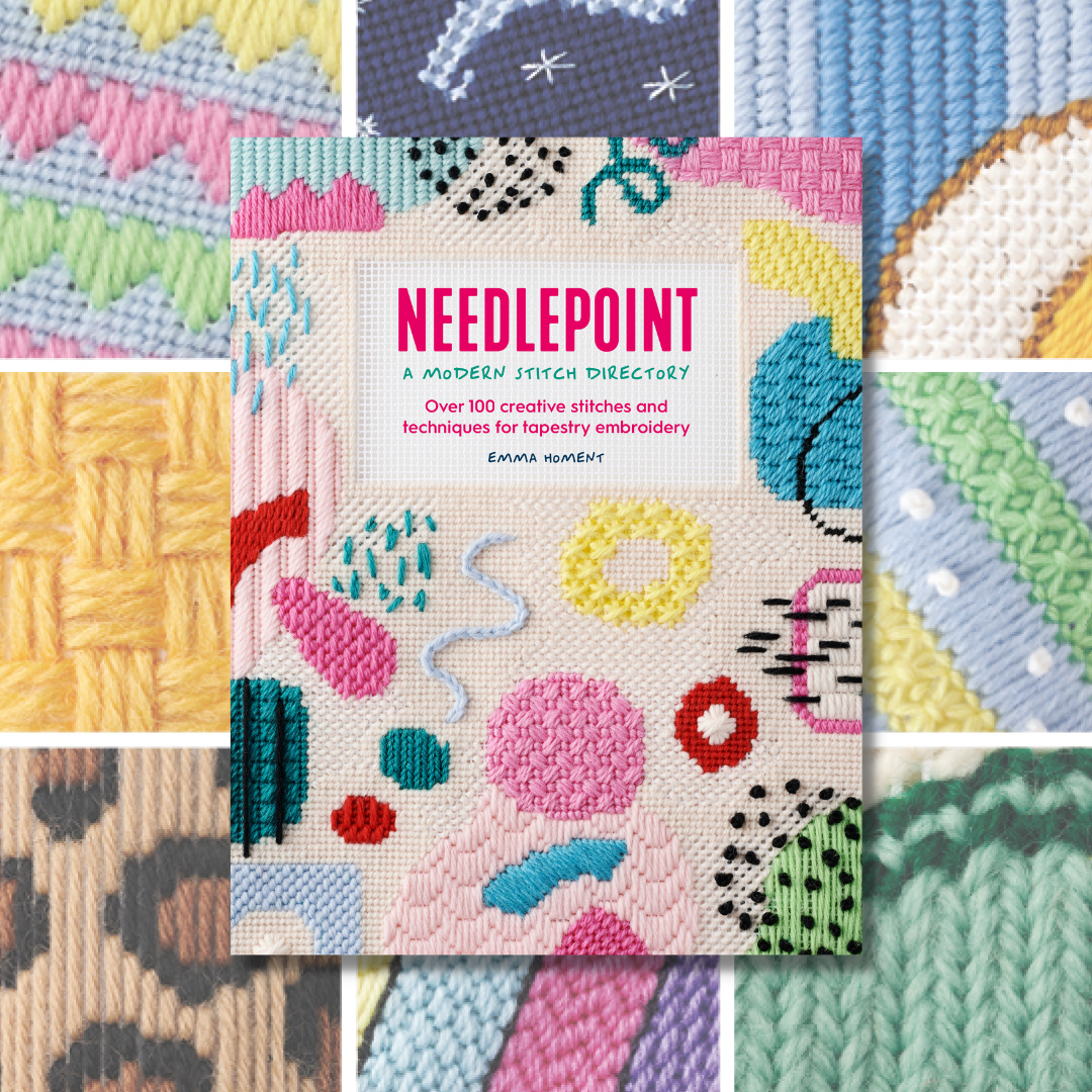 The book 'needlepoint, a modern stitch directory' is shown surrounded by decorative stitch examples.